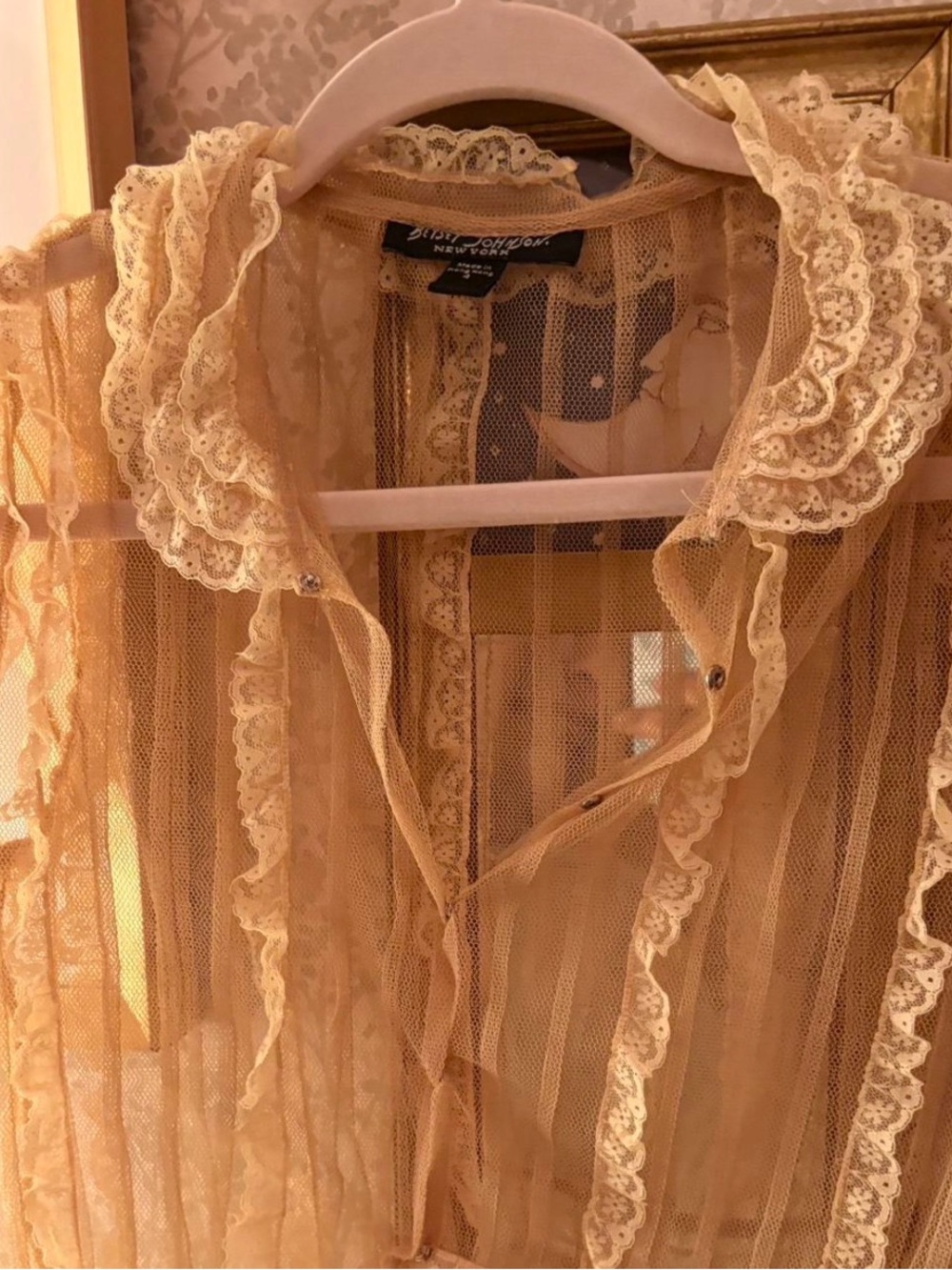 Vintage Betsey Johnson Sheer Lace Mesh Top Fairy Coquette Beige